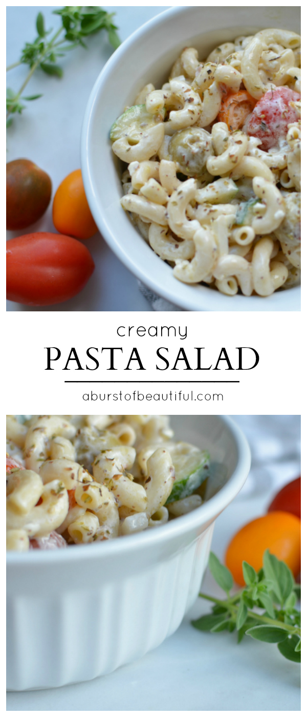 Enjoy this creamy pasta salad recipe, full of ripe vegetables and a flavorful, creamy dressing | A Burst of Beautiful 