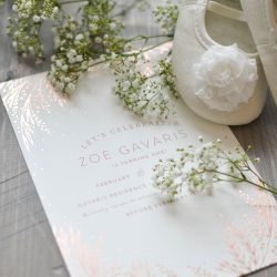 These beautiful hand-pressed foil invitations add a special touch a vintage-inspired first birthday party | A Burst of Beautiful