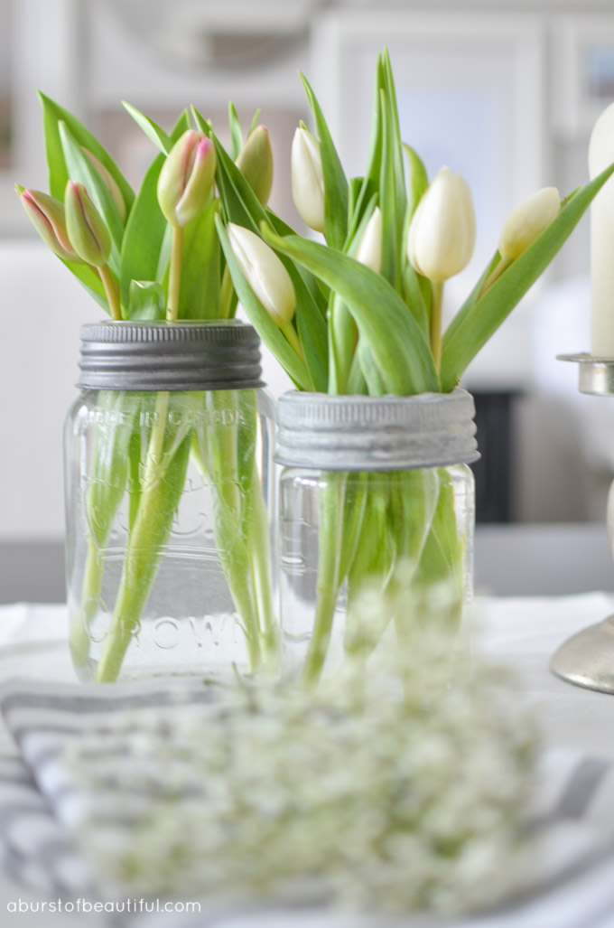 Vintage mason jars make simple and easy vases for fresh flowers | A Burst of Beautiful 