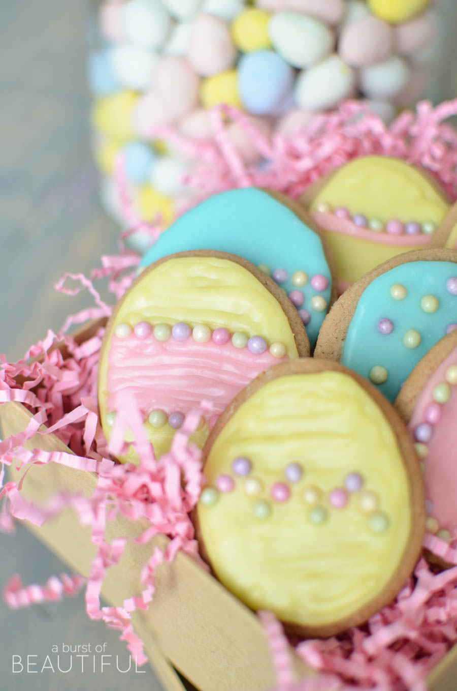 Celebrate Easter with these pretty easter egg sugar cookies. Our Peanut Butter Sugar Cookies are sweet and soft and so easy to make | A Burst of Beautiful
