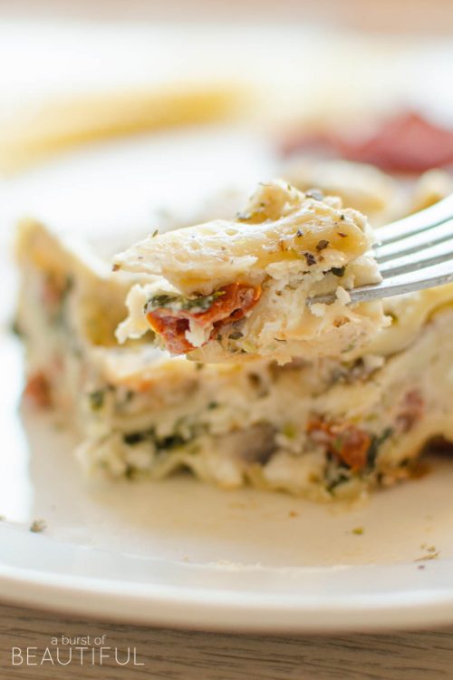 Serve this creamy portobello mushroom and sundried tomato lasagna with a homemade caesar salad and garlic loaf for a hearty and comforting meal.