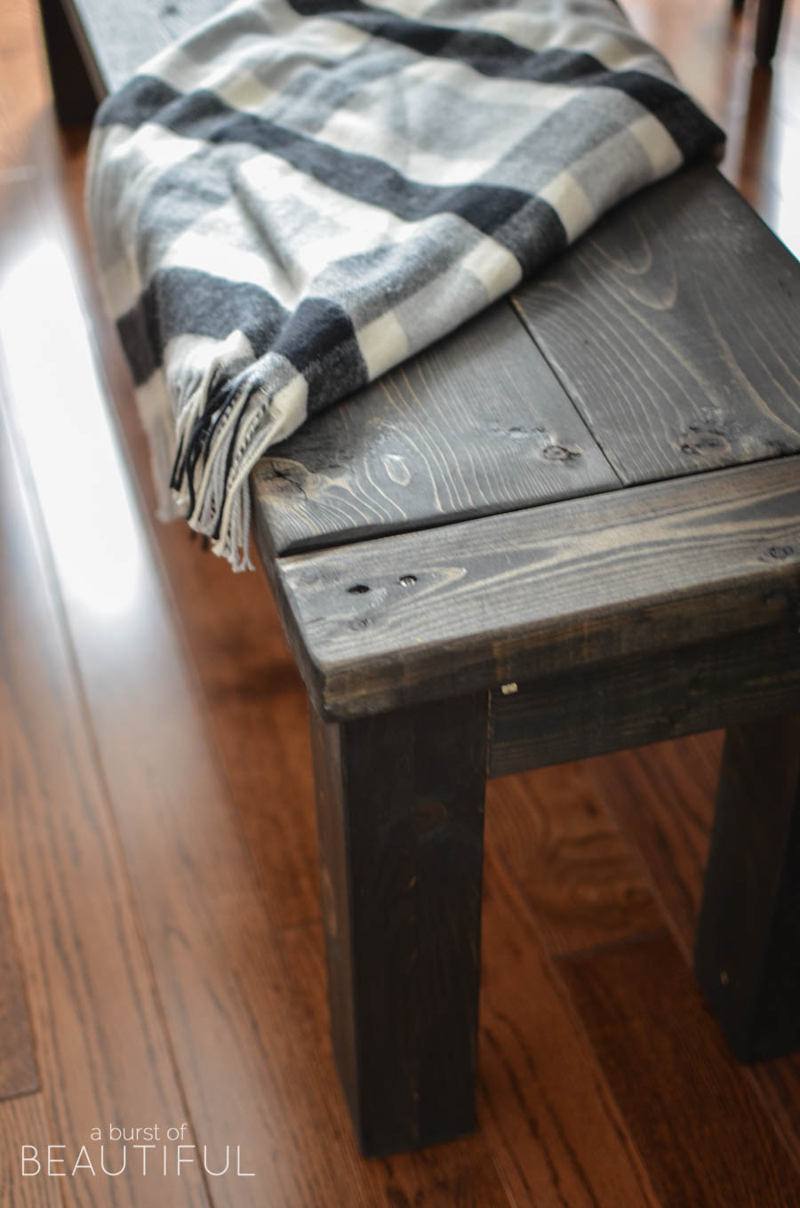 Learn how to build a rustic DIY farmhouse bench with this simple plan | A Burst of Beautiful