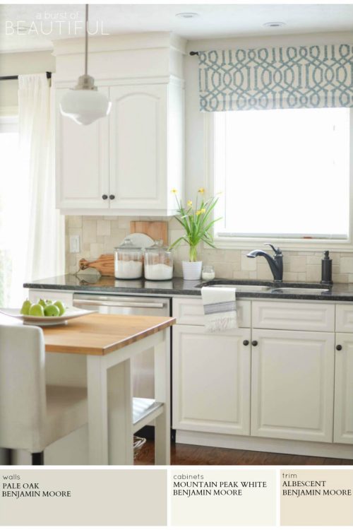 A modern farmhouse kitchen is painted light grey (Pale Oak by Benjamin Moore) for a timeless and versatile look. A Burst of Beautiful shares the perfect Modern Farmhouse Neutral Paint Colors for a cozy and inviting home | A Burst of Beautiful