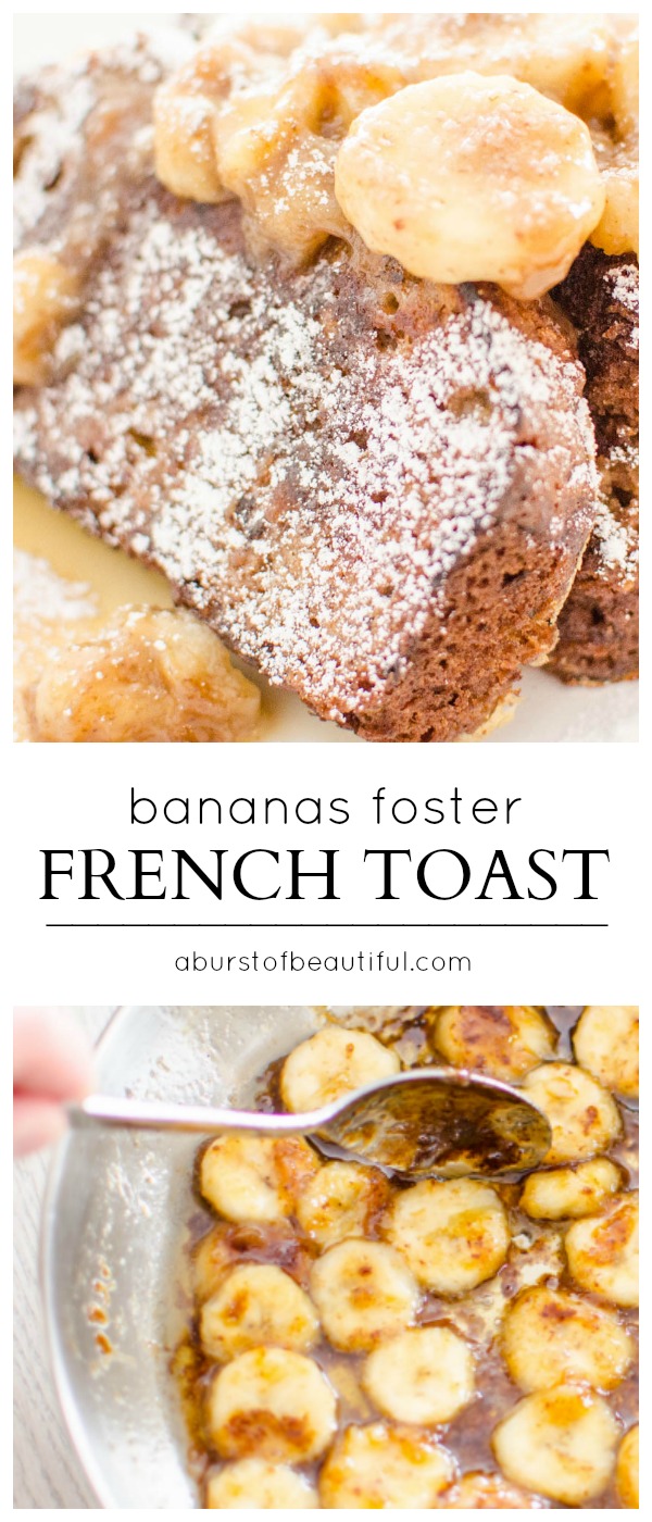 Homemade banana bread and caramelized bananas make this delectable Bananas Foster French Toast the perfect addition to breakfast, brunch or dessert. Find the recipe at www.aburstofbeautiful.com