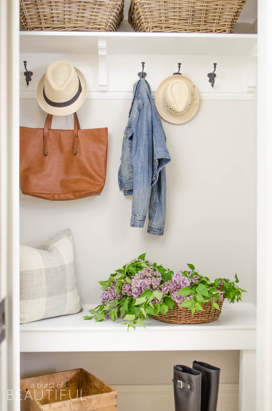 A cramped coat closet turns into a beautiful farmhouse inspired entry for a busy family with this simple makeover | A Burst of Beautiful 