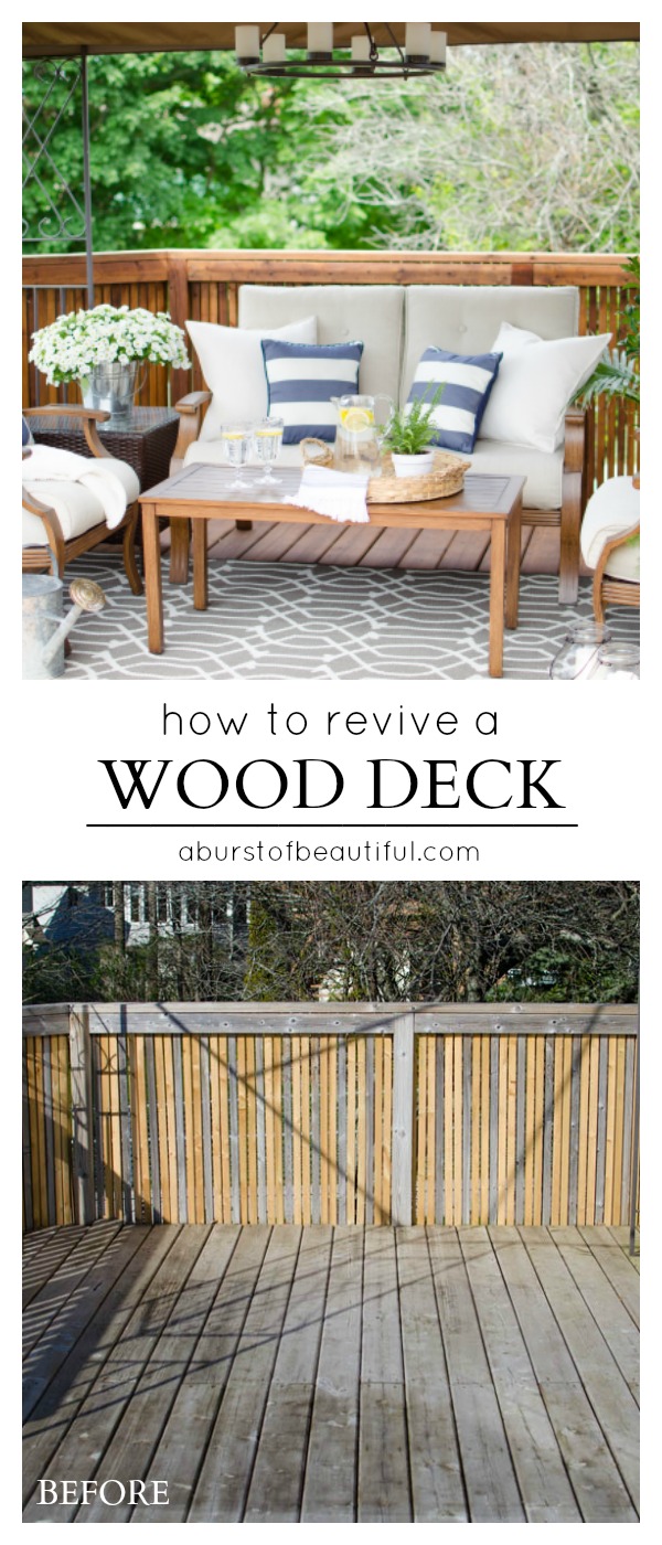 Learn how to revive a wood deck and create a beautiful outdoor living space with these easy to follow instructions from A Burst of Beautiful