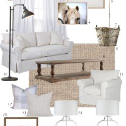 Design a neutral and casual modern farmhouse living room using these key design elements