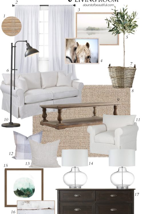 Design a neutral and casual modern farmhouse living room using these key design elements