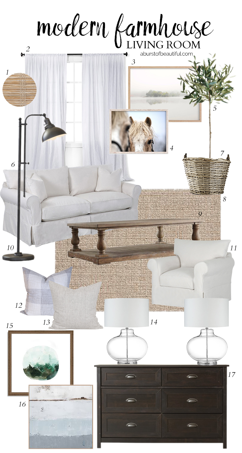 Design a neutral and casual modern farmhouse living room using these key design elements
