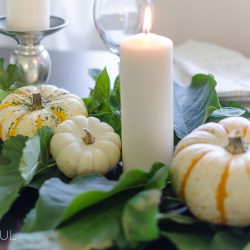Create a simple and classic fall tablescape using mini pumpkins, fresh greenery and candles.