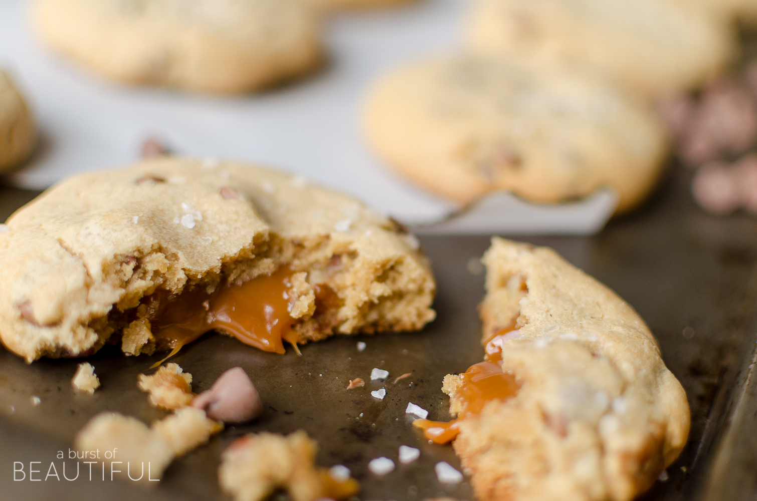 These caramel chocolate chip cookies are filled with a rich caramel center and melt-in-your-mouth chocolate chips. 