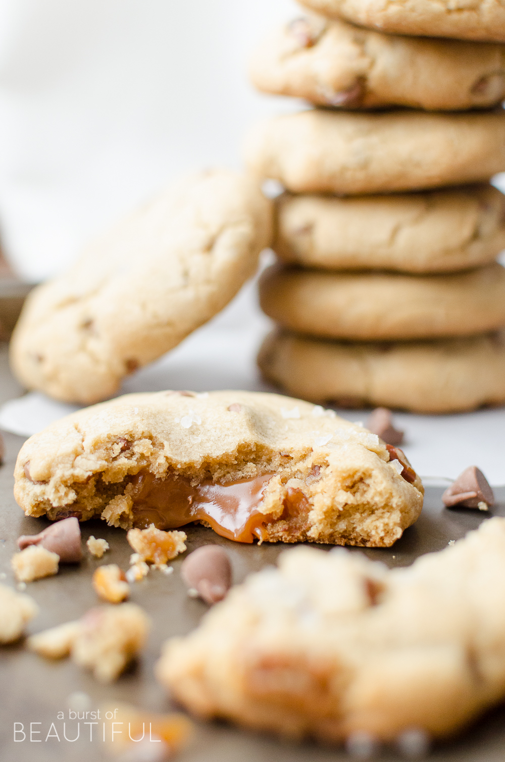 These caramel chocolate chip cookies are filled with a rich caramel center and melt-in-your-mouth chocolate chips. 