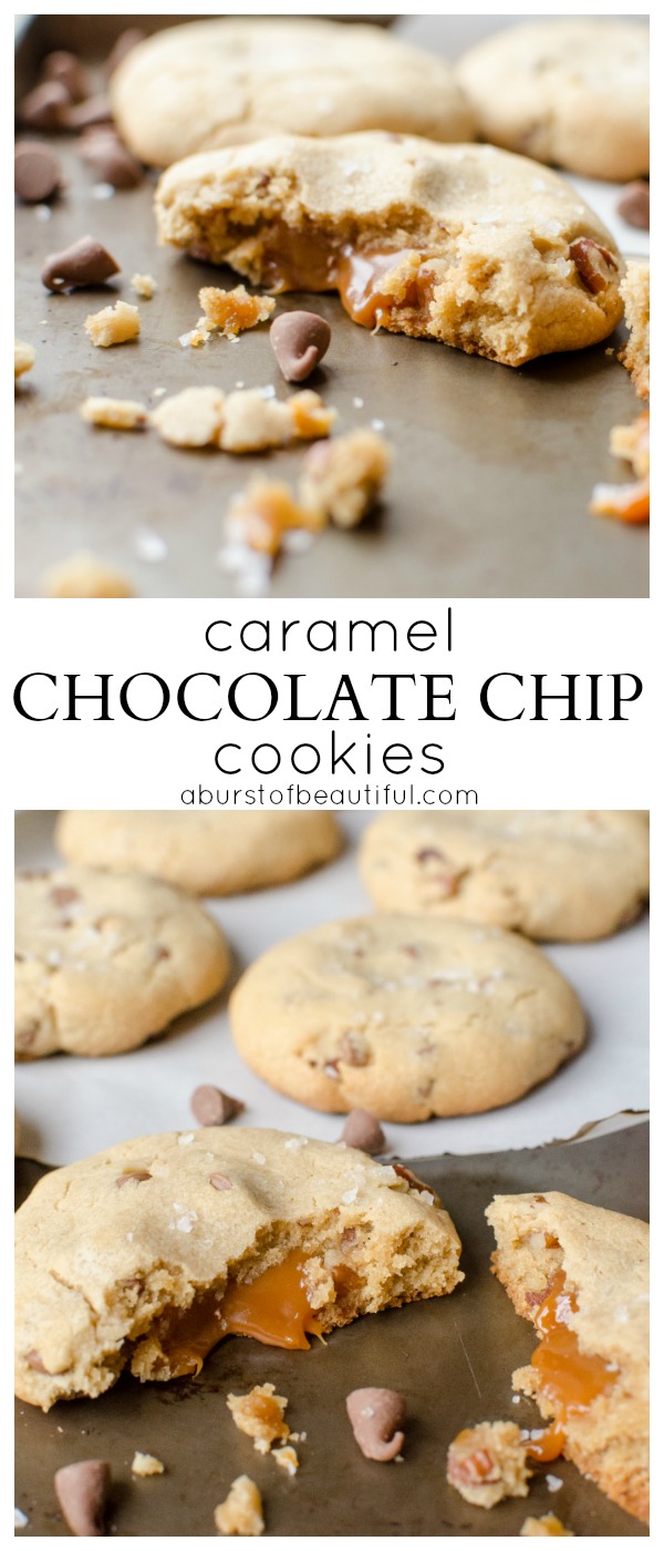 These caramel chocolate chip cookies are filled with a rich caramel center and melt-in-your-mouth chocolate chips.