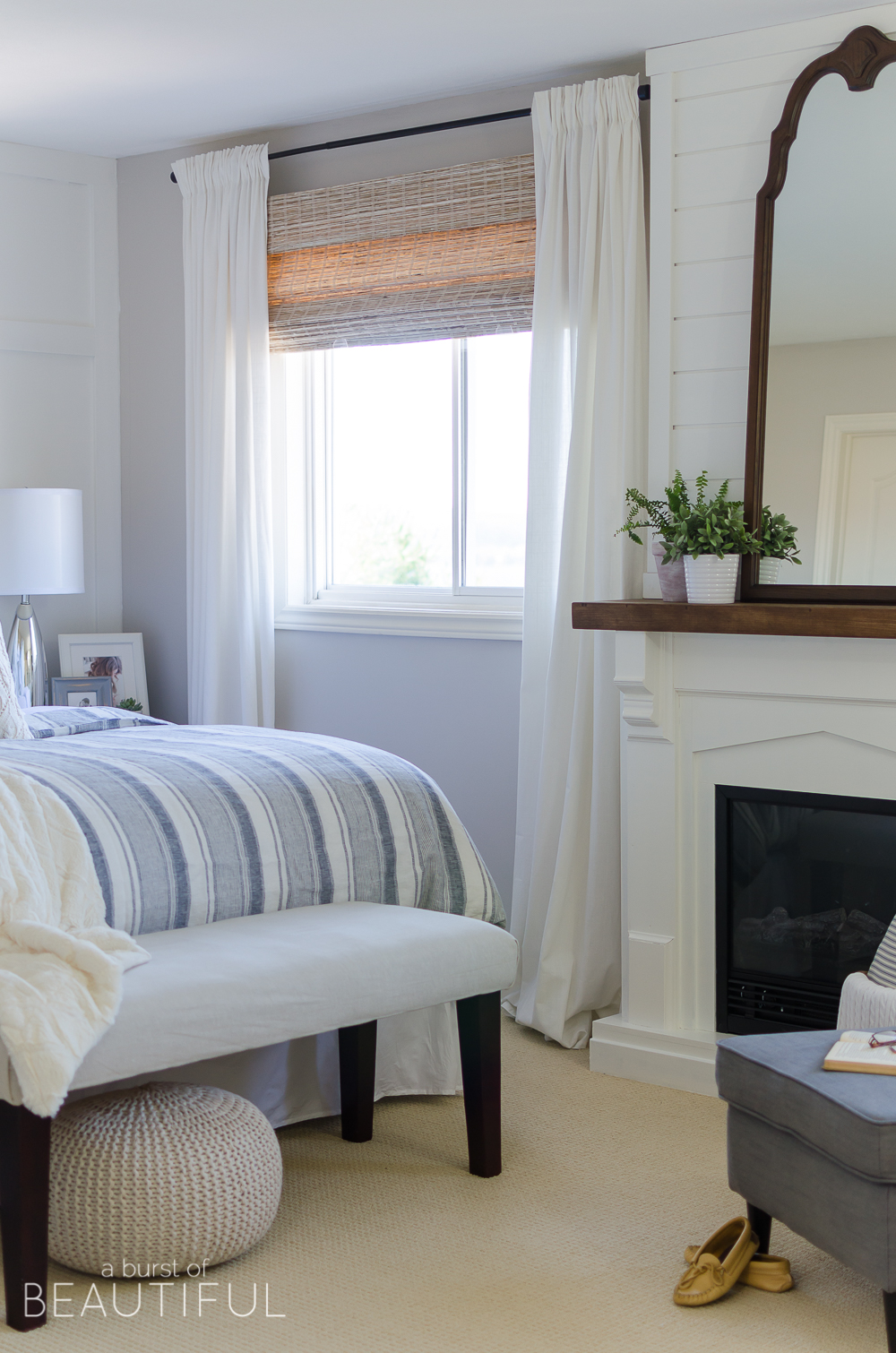 Woven wood shades add texture, color and warmth to this modern farmhouse