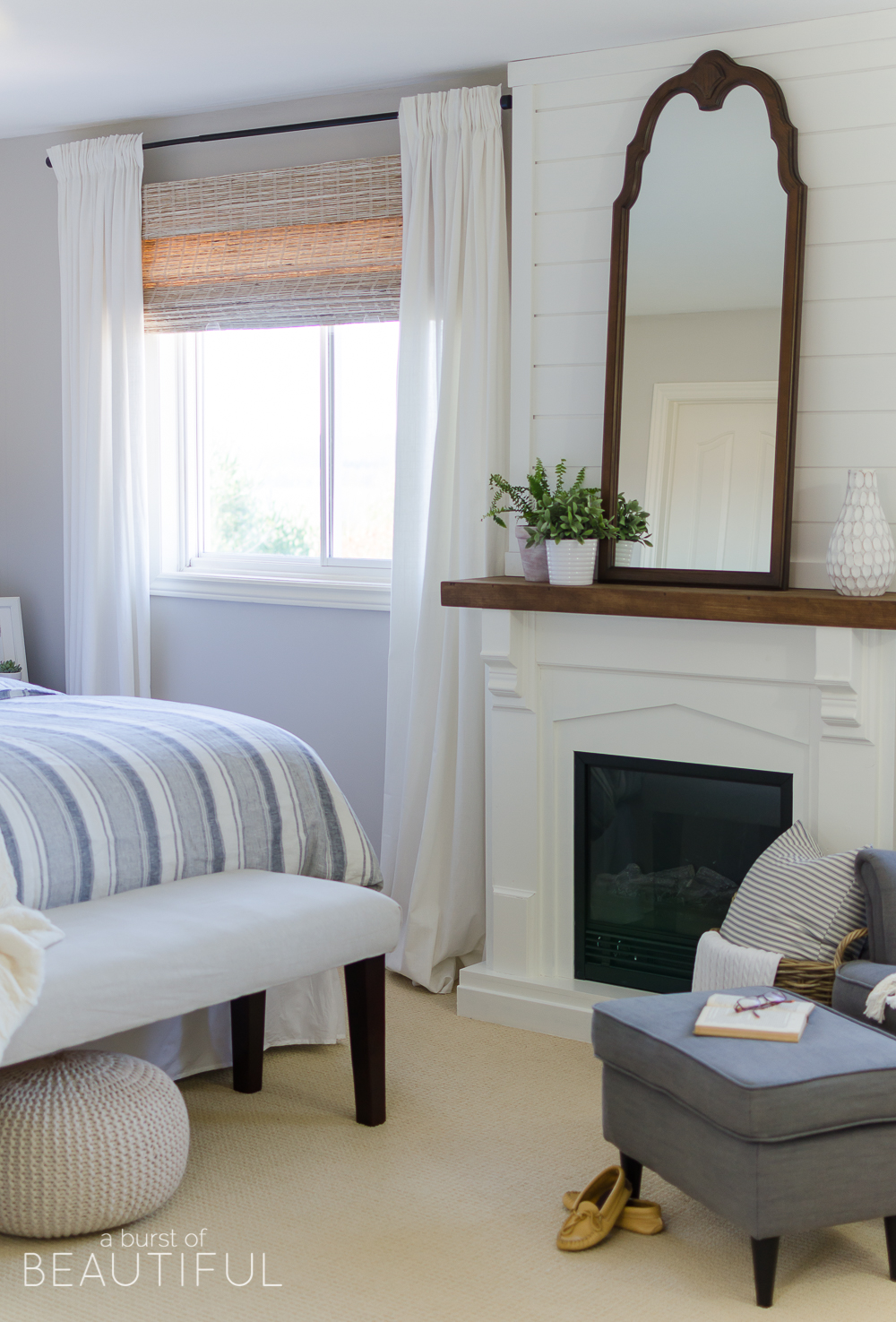 Woven wood shades add texture, color and warmth to this modern farmhouse