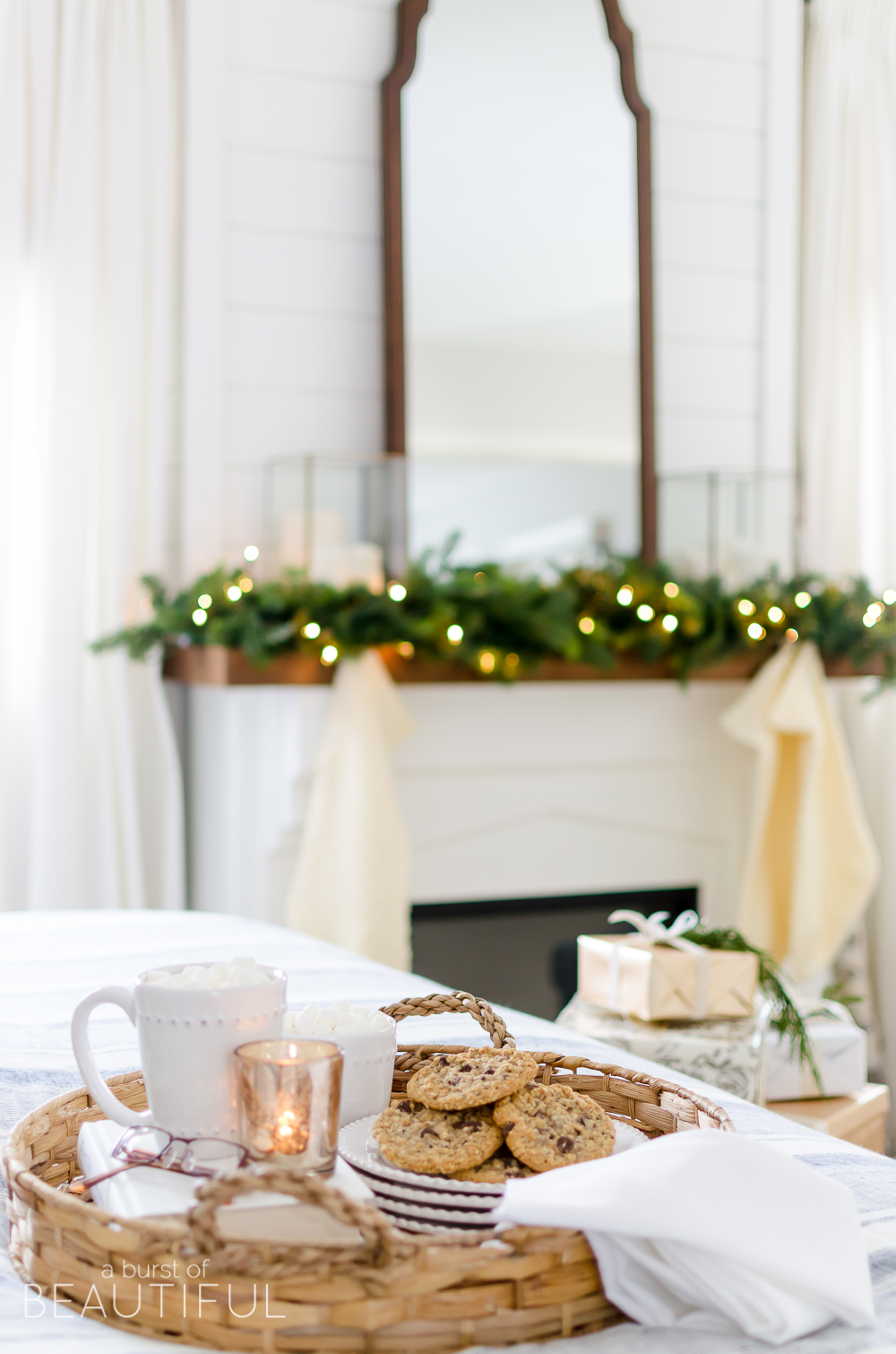 A cozy neutral Christmas bedroom full of farmhouse charm