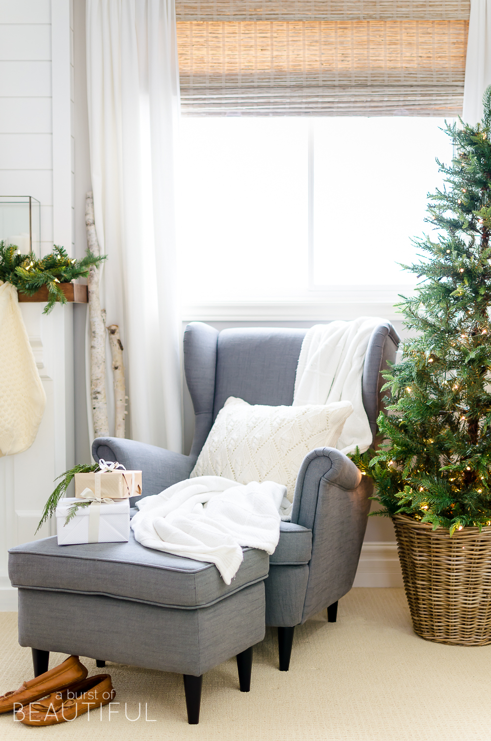 A cozy neutral Christmas bedroom full of farmhouse charm