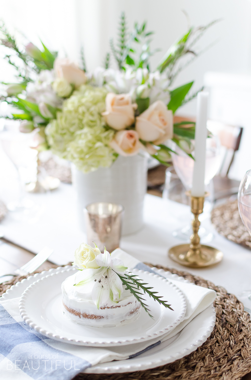 Mini Spring Naked Cakes | Almond Orange Cake Recipe are a sweet and simple addition to any spring tablescape or celebration. Find the recipe at www.aburstofbeautiful.com
