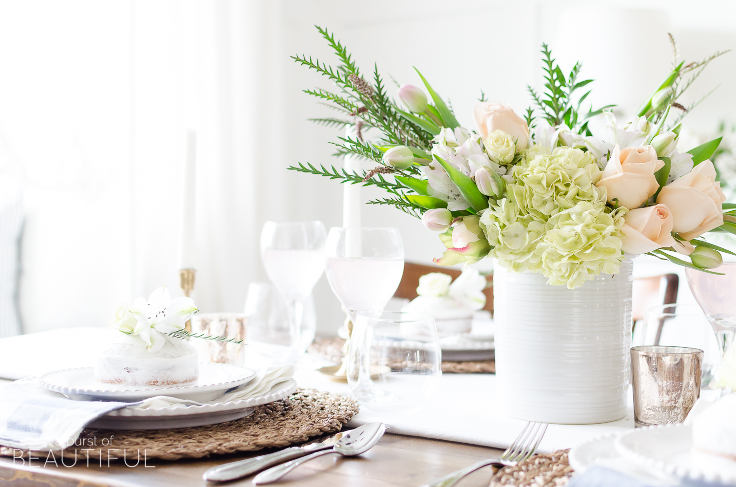 Mini Spring Naked Cakes | Almond Orange Cake Recipe are a sweet and simple addition to any spring tablescape or celebration. Find the recipe at www.aburstofbeautiful.com