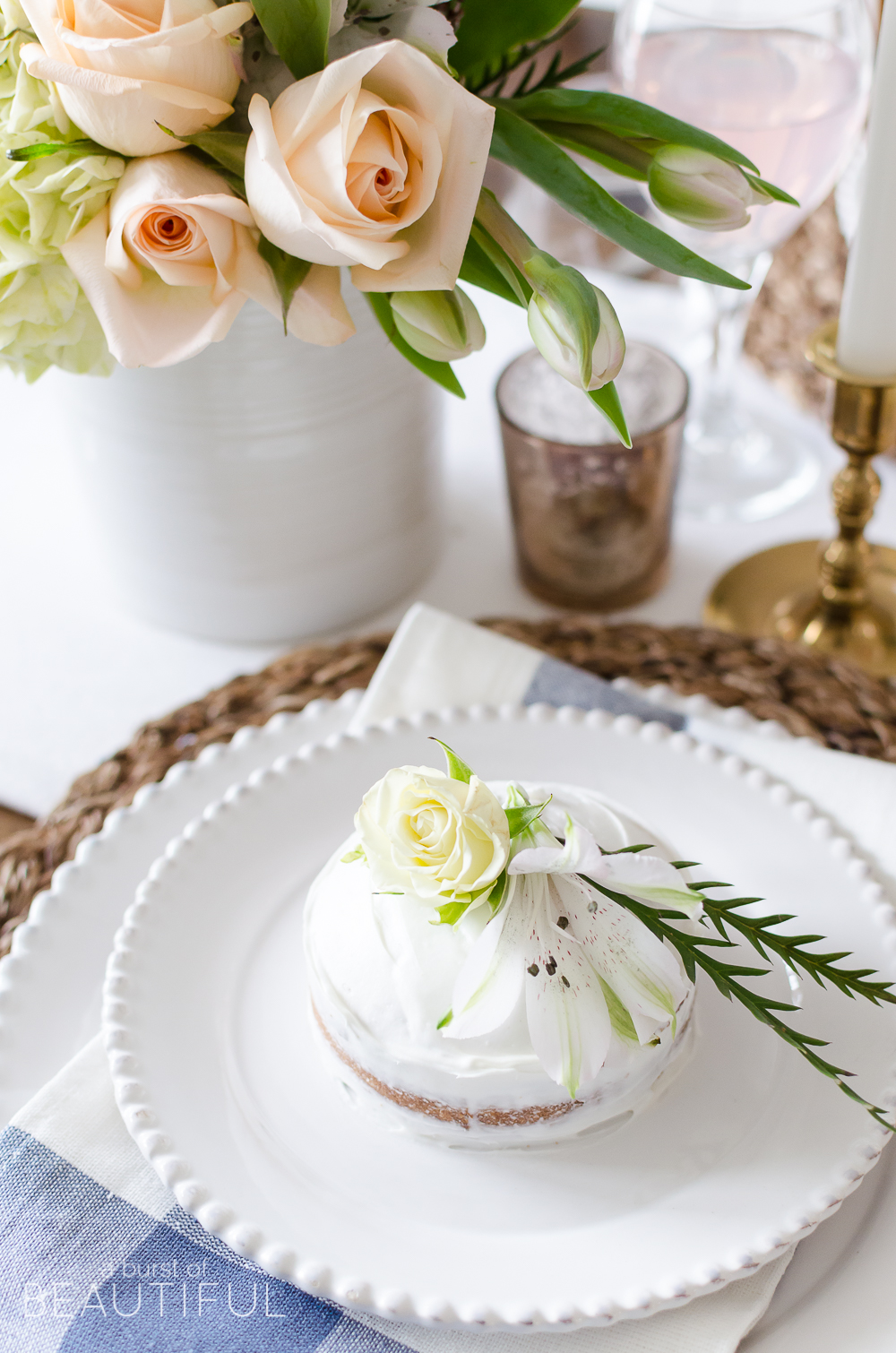 Mini Spring Naked Cakes | Almond Orange Cake Recipe are a sweet and simple addition to any spring tablescape or celebration. Find the recipe at www.aburstofbeautiful.com