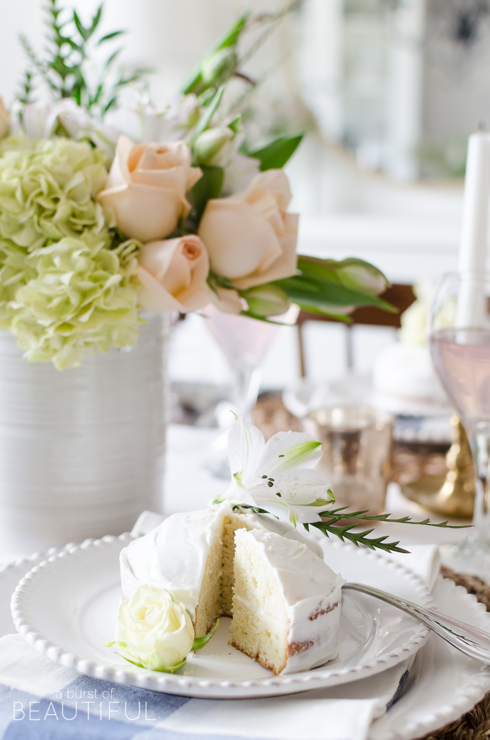 Mini Spring Naked Cakes | Almond Orange Cake Recipe are a sweet and simple addition to any spring tablescape or celebration. Find the recipe at www.aburstofbeautiful.com