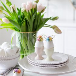 Easter Egg Decorating Idea | Decorate your Easter eggs this holiday with these miniature DIY gold wire bunny ears and floral crowns for a sweet and whimsical touch.