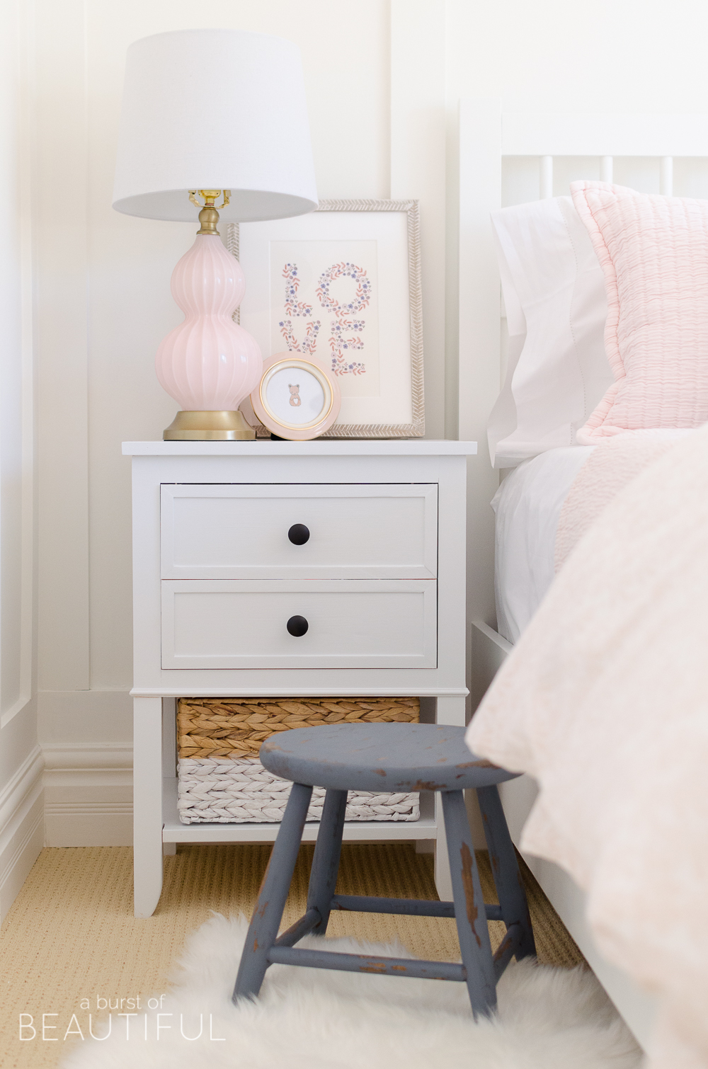 Toddler Girl Pink Bedroom Design & Decor side table artwork and lamp