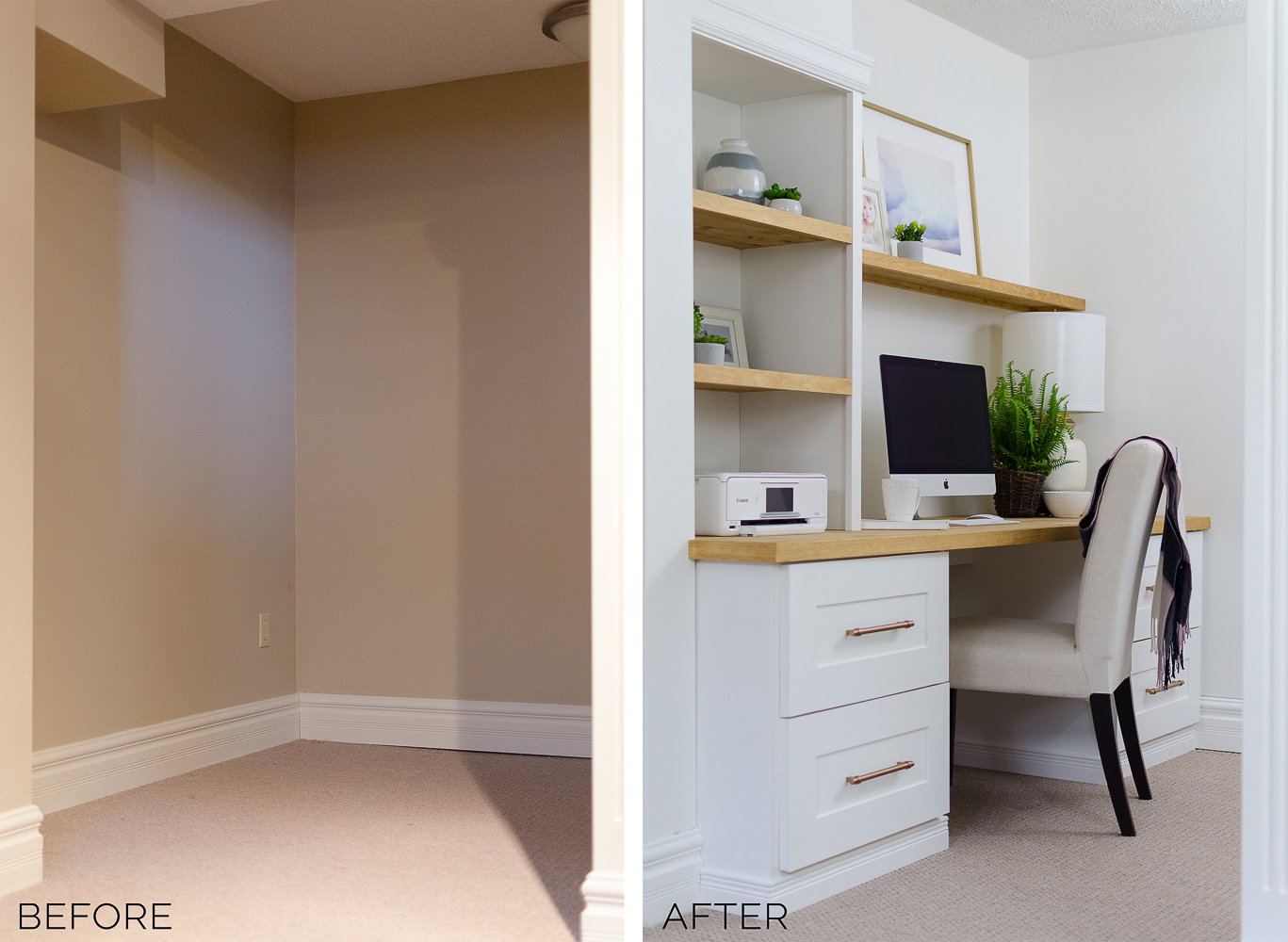 A DIY built-in office nook provides the perfect space for a home office or homework zone.