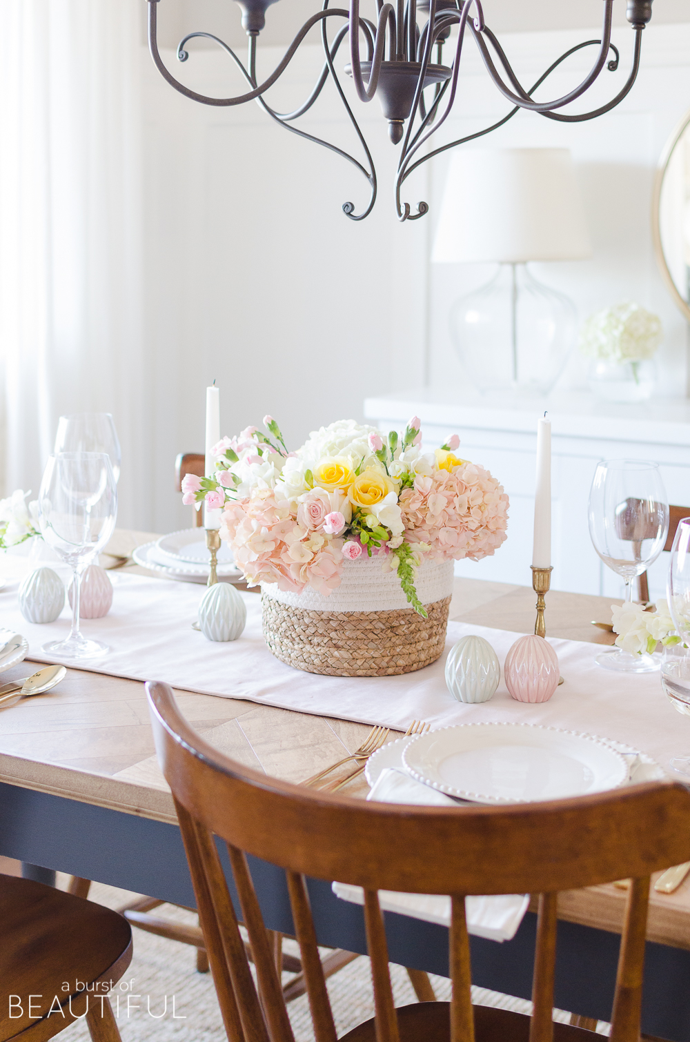 Host a beautiful Easter brunch or dinner with these colorful Easter tablescape and centerpiece ideas.