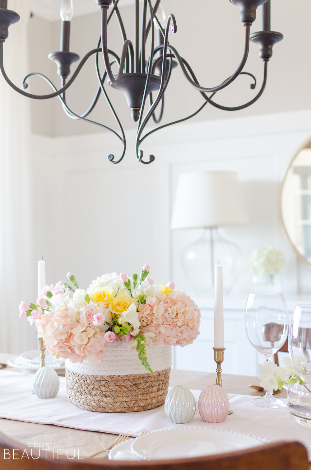 Host a beautiful Easter brunch or dinner with these colorful Easter tablescape and centerpiece ideas.