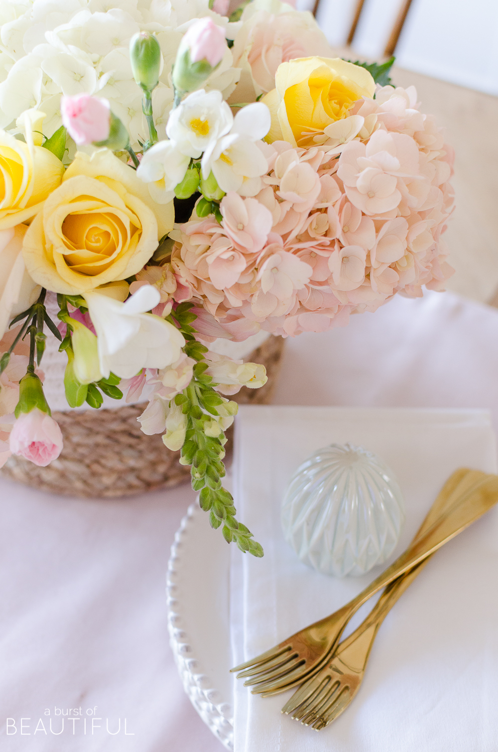 Host a beautiful Easter brunch or dinner with these colorful Easter tablescape and centerpiece ideas.