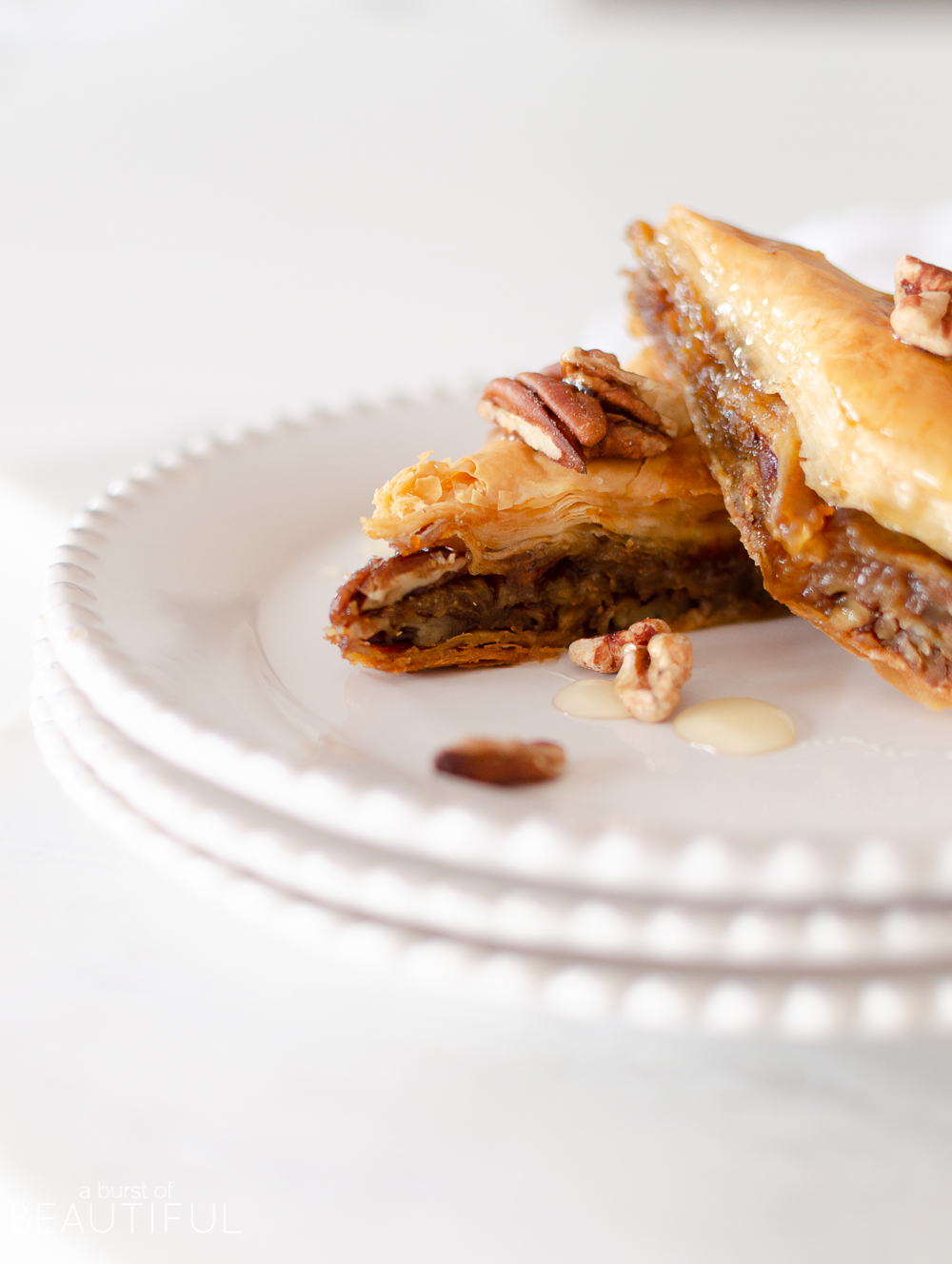 Our Pumpkin Pie Baklava is a modern variation to traditional Greek baklava recipes. Decadent pumpkin pie filling, pecans, and honey baked between layers of phyllo pastry create an irresistible fall dessert that will quickly become a seasonal favorite. 