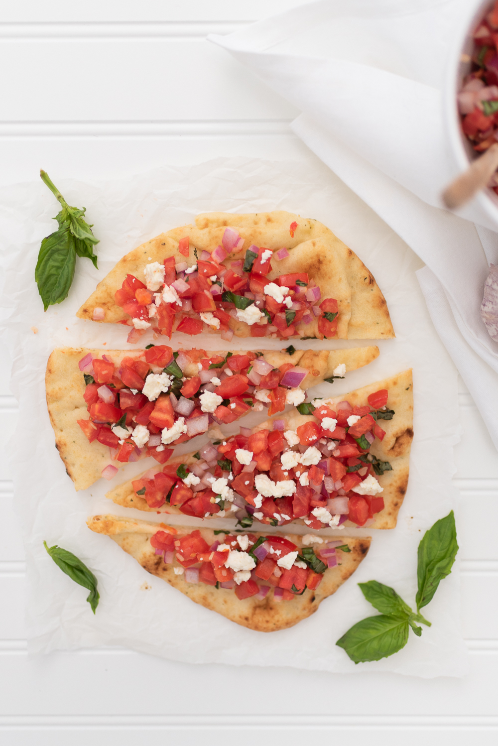 Simple and Fresh Basil Tomato & Feta Bruschetta Flatbread