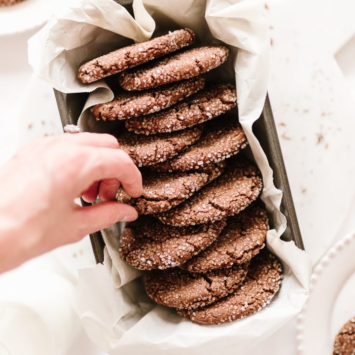 These naturally gluten-free chocolate peanut butter cookies are soft and chewy on the inside with coarse sugar on the outside to create a sweet crust.