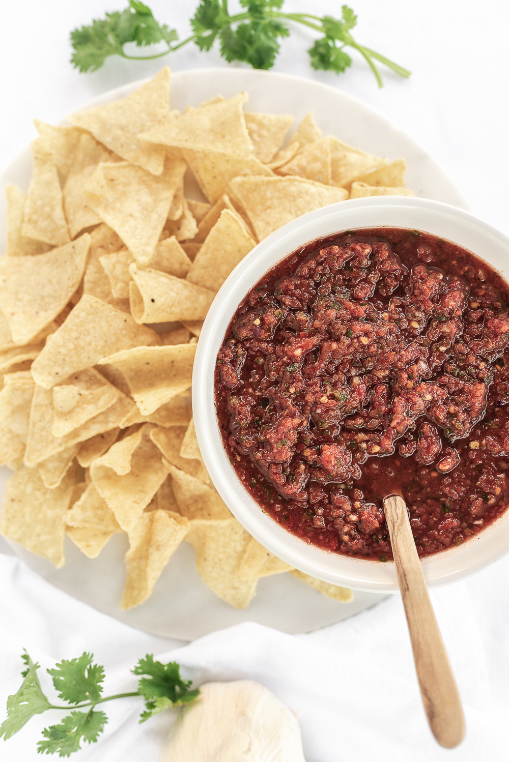 Homemade roma tomato fresh salsa with tortilla chips